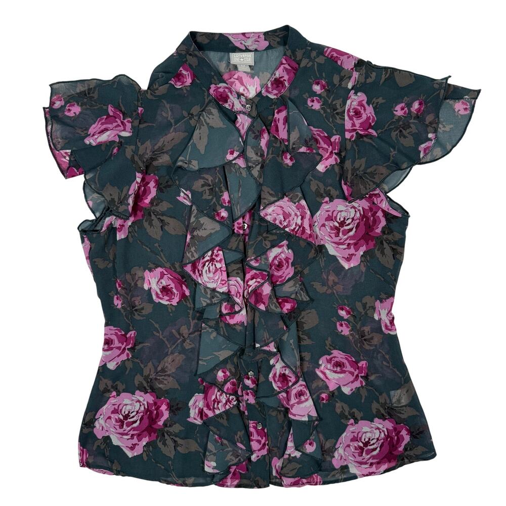 Pink Rose Blouse Women’s Medium Button Up Top Polyester Converse